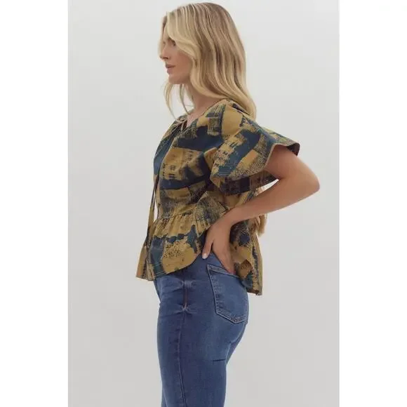 Entro Harper Peplum Top Hunter Green Black Tie Neck Blouse Sz S - NWT - Picture 2 of 11